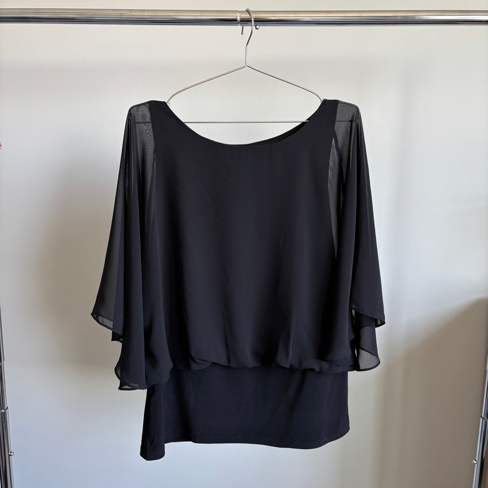 Coco Bianco Flowy Top L Black Flutter Sleeve Sheer Overlay Tuscan Mom Y2K Office